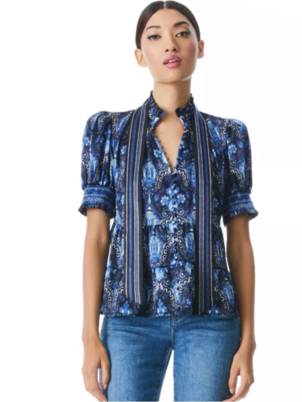 Alice Olivia Blue Printed Short-Sleeve Tie-Neck Blouse small
